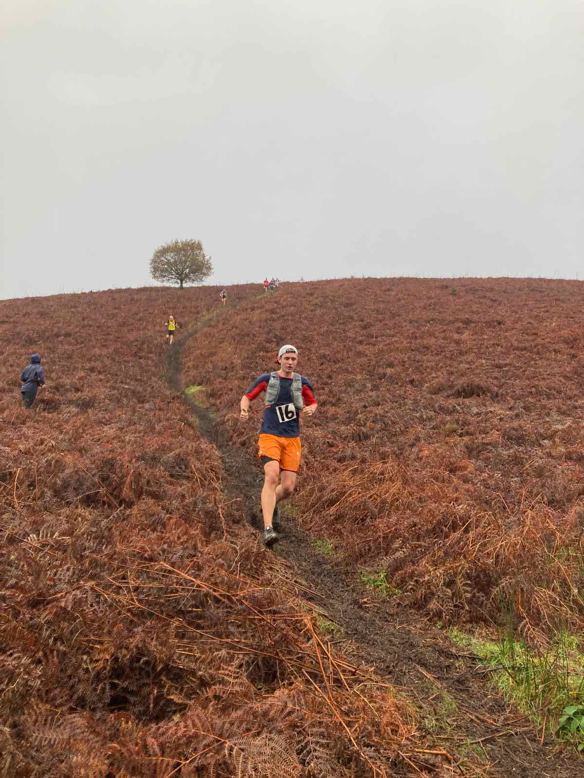 A runner descending a narrow muddy line through bracken on the Blorenge