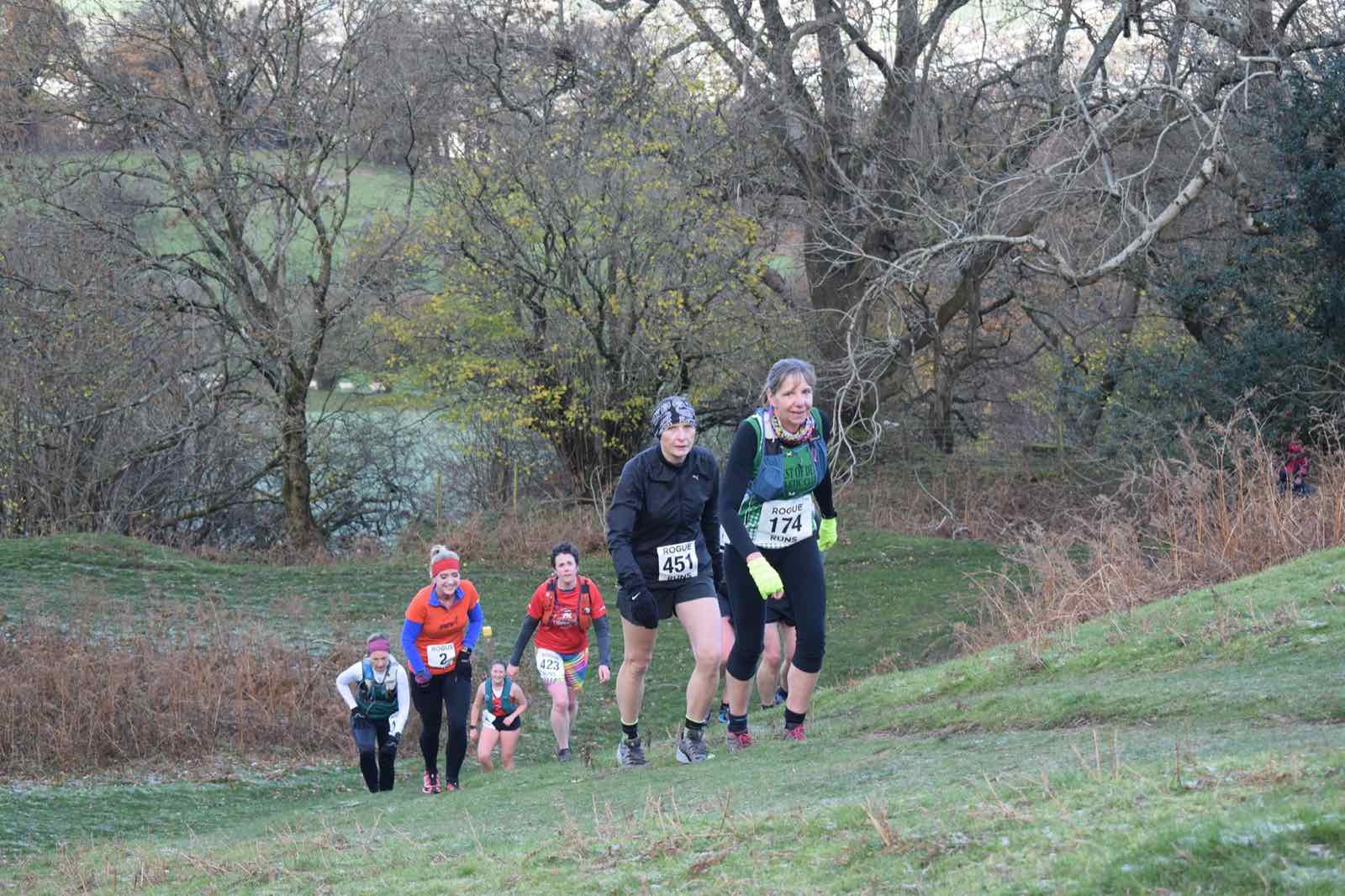 A group of runners climbing a steep grassy bank